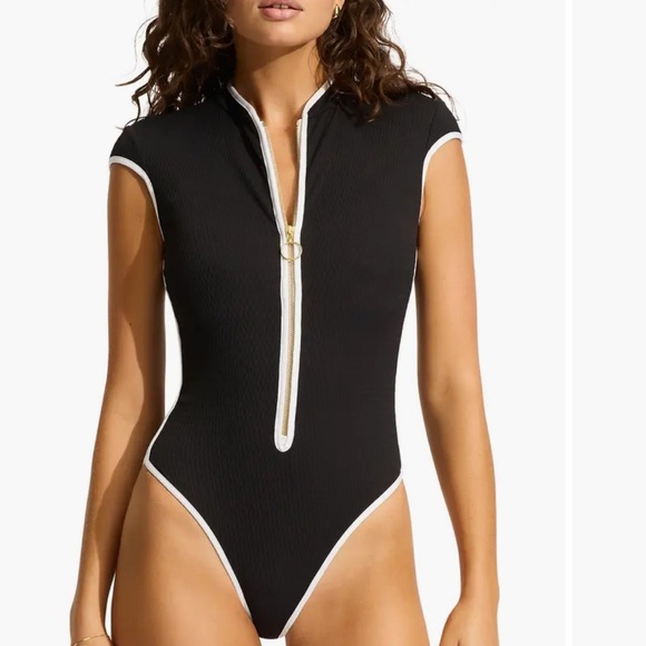 Seafolly Other - Seafolly Black One-Piece Zip Front Swimsuit with White Trim